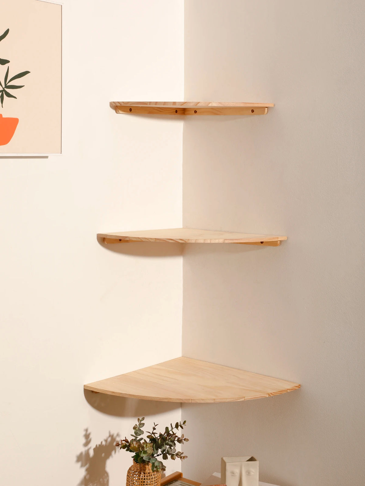 Wall Corner Shelves Wood Floating Wall Shelf Round End Wall Mounted Floating Corner Shelf for Bedroom Living Room and Kitchen
