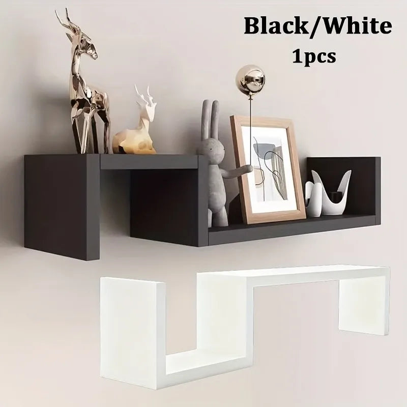 S-Shaped Floating Wall Shelf Black/White Modern Minimalist Floating Bookcase Wall-Mounted Storage Shelf Room Office Home Decor