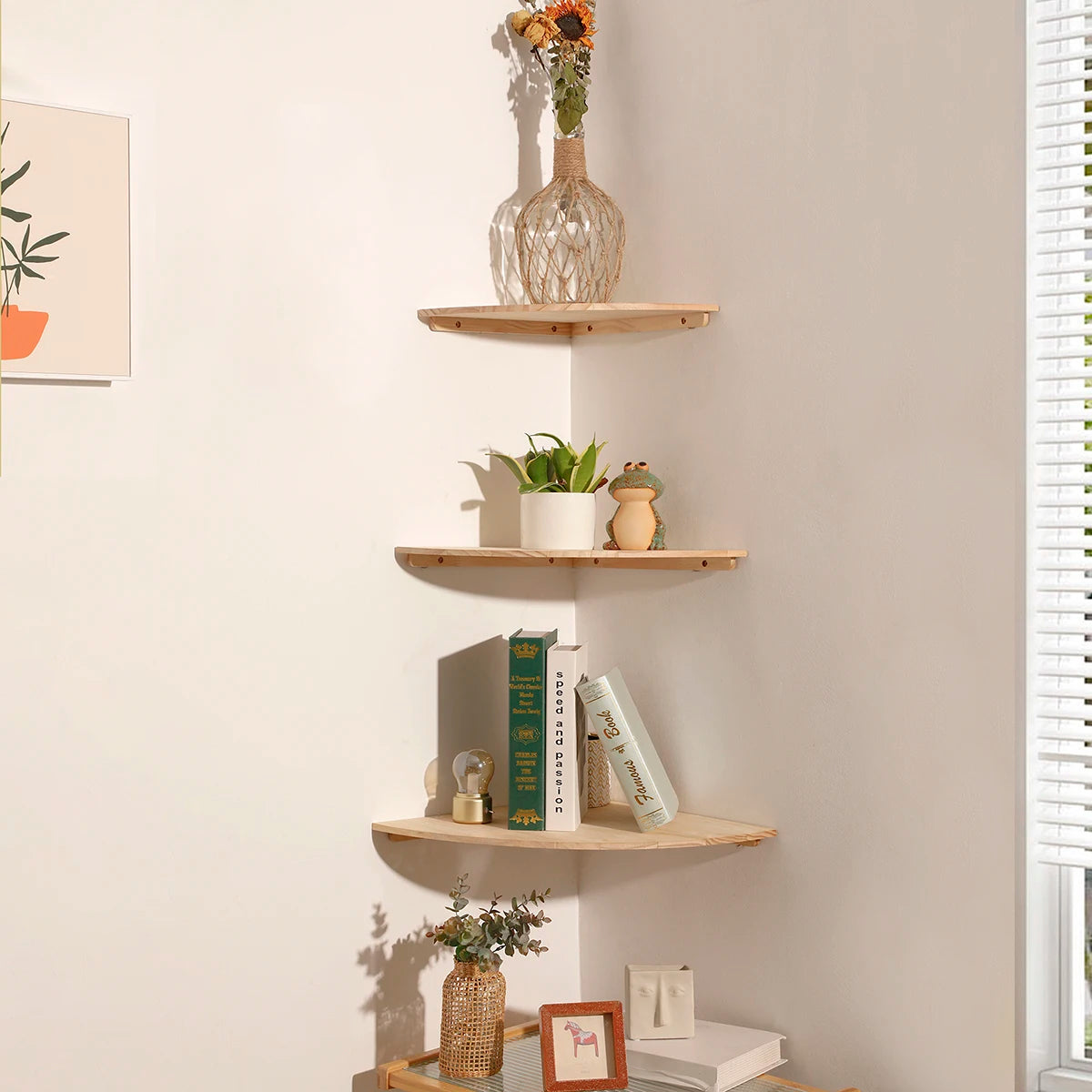 Wall Corner Shelves Wood Floating Wall Shelf Round End Wall Mounted Floating Corner Shelf for Bedroom Living Room and Kitchen