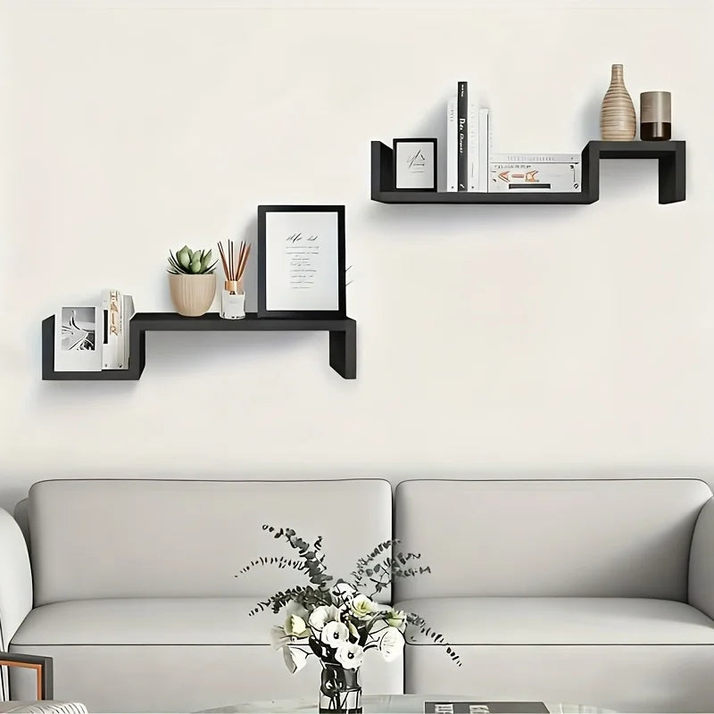 S-Shaped Floating Wall Shelf Black/White Modern Minimalist Floating Bookcase Wall-Mounted Storage Shelf Room Office Home Decor