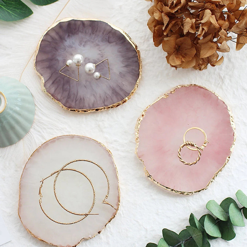 Resin Jewellery Tray Resin Agate Gold Rimmed Palette Home Desktop Storage Gem Trays Necklace Display Tray Photo Decoration Props